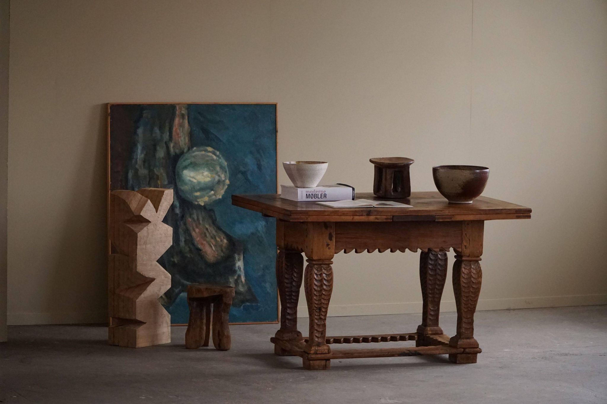 Antique Baroque dining table/desk in oak, Danish cabinetmaker, 19th century.