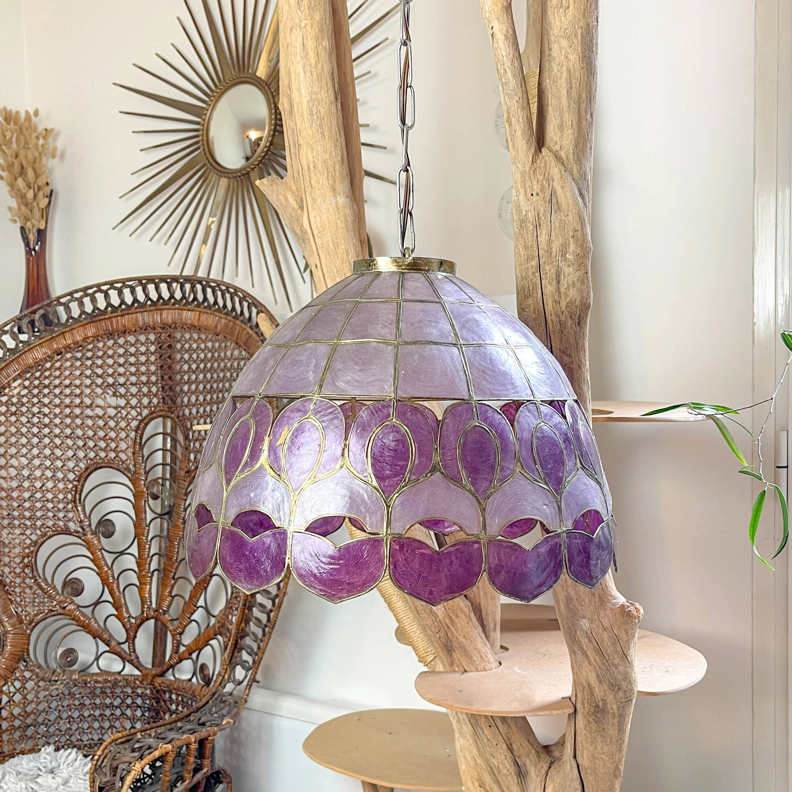 Vintage two-tone purple capiz mother-of-pearl and brass pendant light – art deco style chandelier