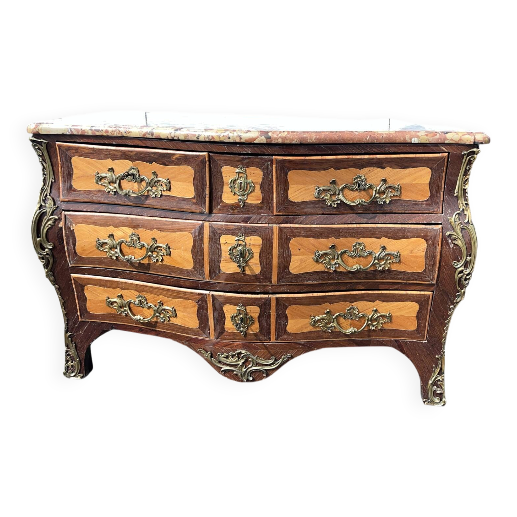 Commode tombeau Louis XV en marqueterie et marbre fin XIXe siècle