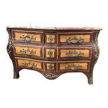 Louis XV tomb commode in marquetry and marble, late 19th century.