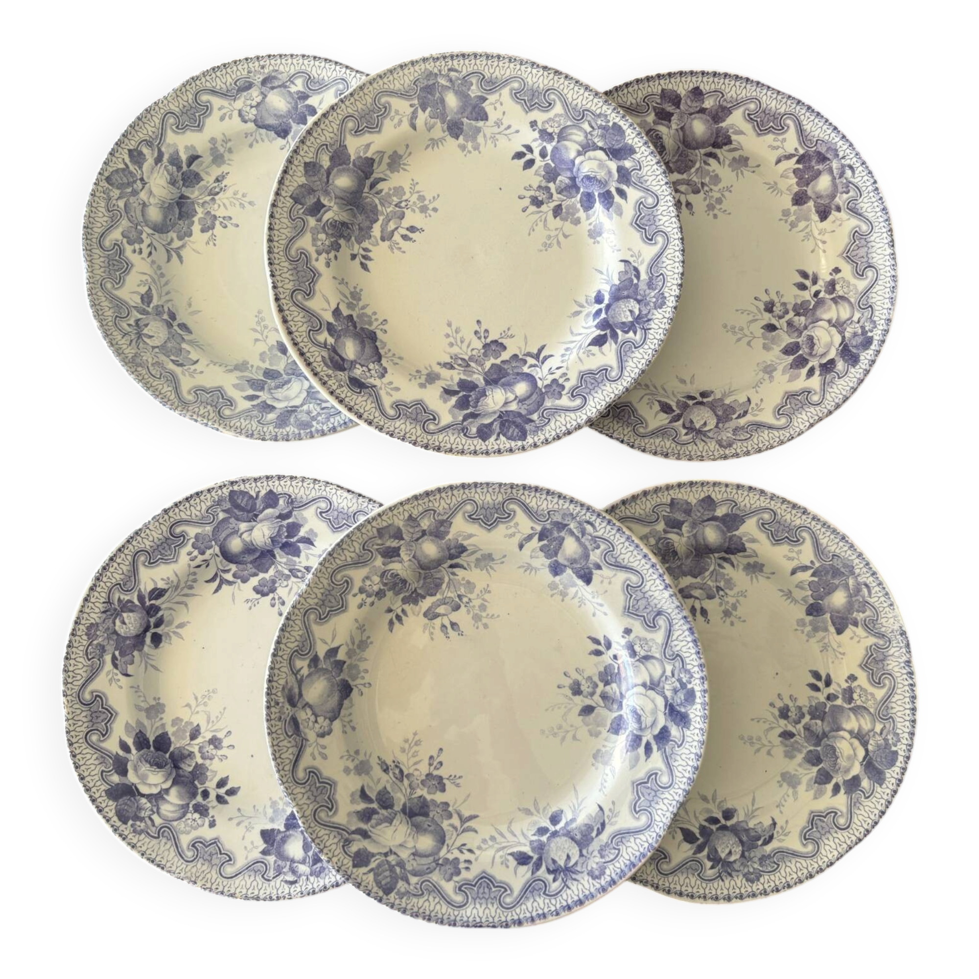 Set of 6 dessert plates Creil & Montereau Bouquets • Antique earthenware