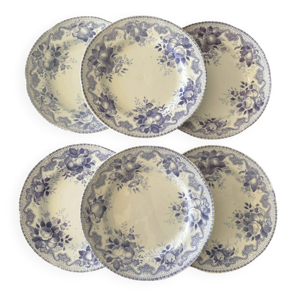 Lot de 6 assiettes à dessert Creil & Montereau Bouquets • Faïence anci