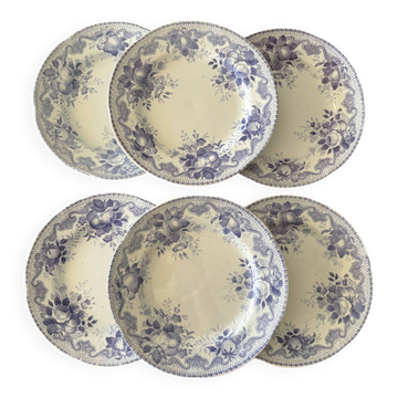 Set of 6 dessert plates Creil & Montereau Bouquets • Antique earthenware