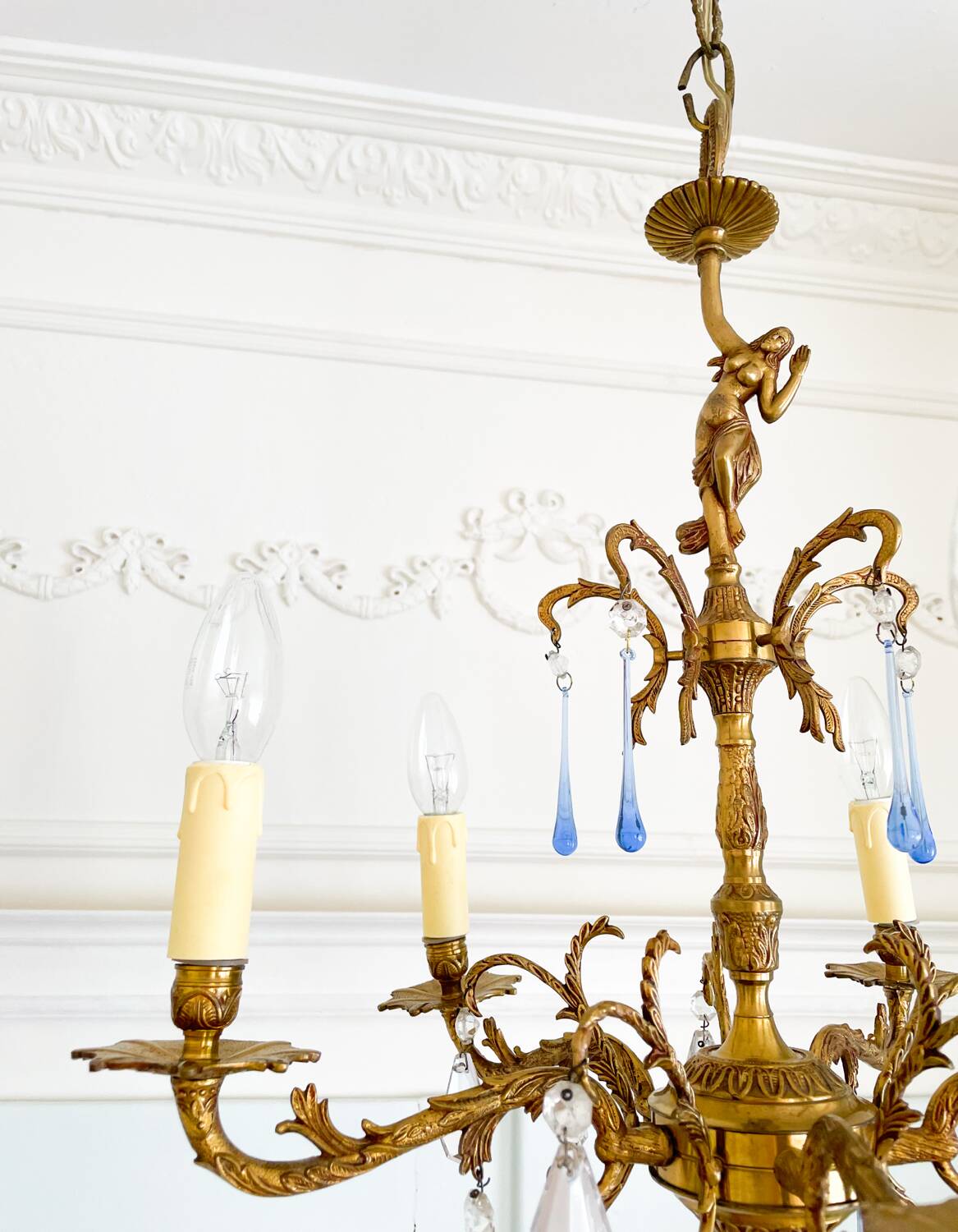 Élégant lustre vintage en bronze avec pampilles Murano bleu saphir – 5