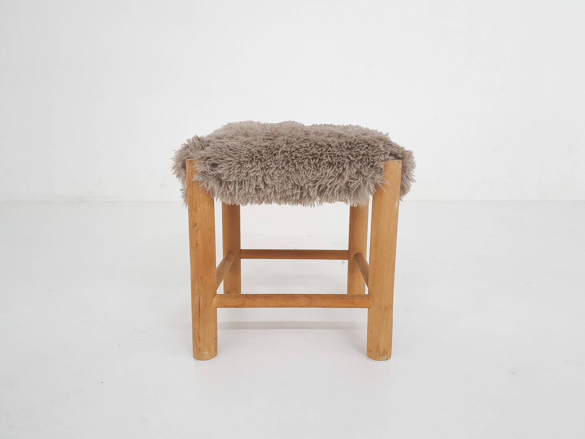 Mid-century wooden stool with fake-fur upholstery, Denmark 1960's