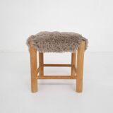 Mid-century wooden stool with fake-fur upholstery, Denmark 1960's