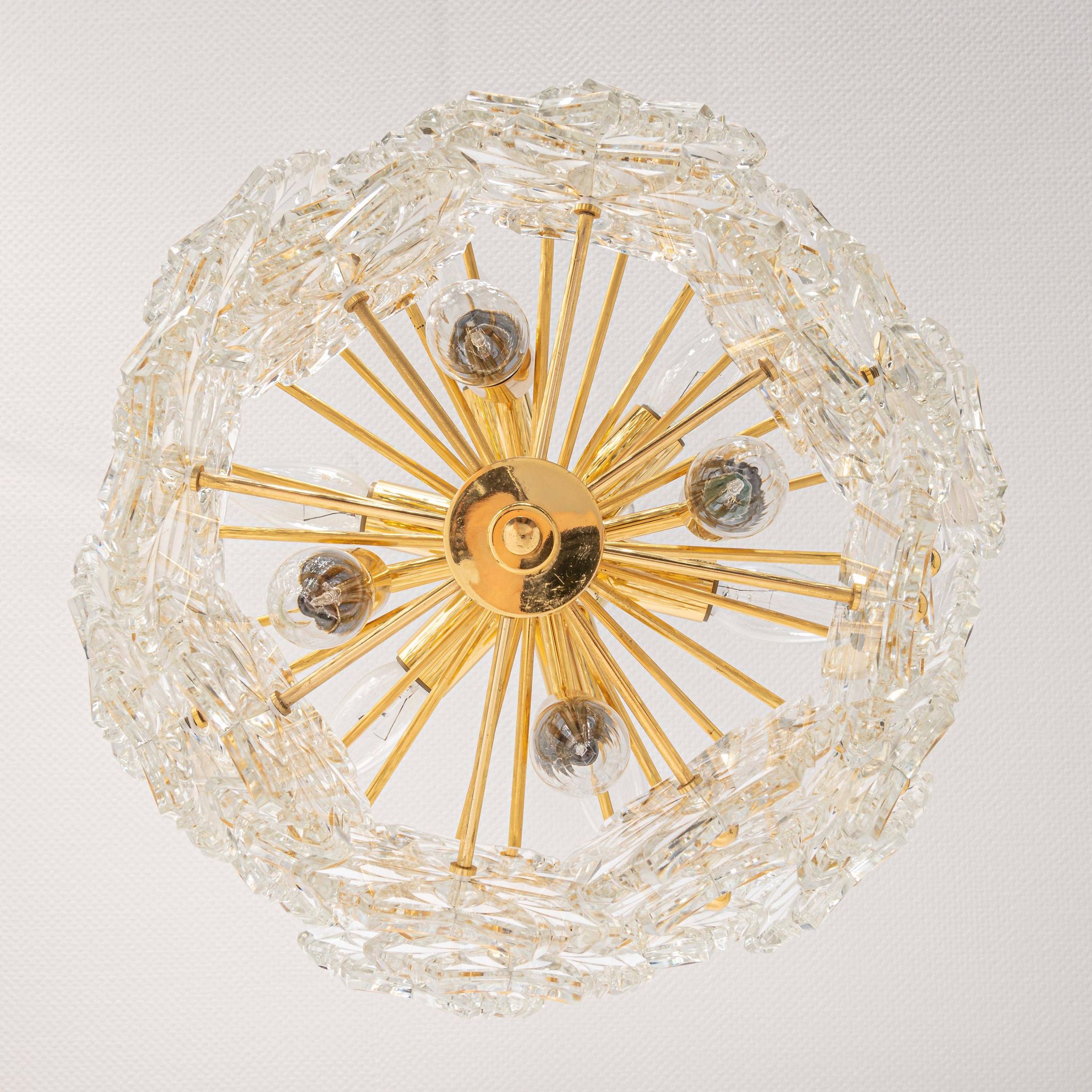Chandelier in gilded brass and crystal glass, Germany, 1970s