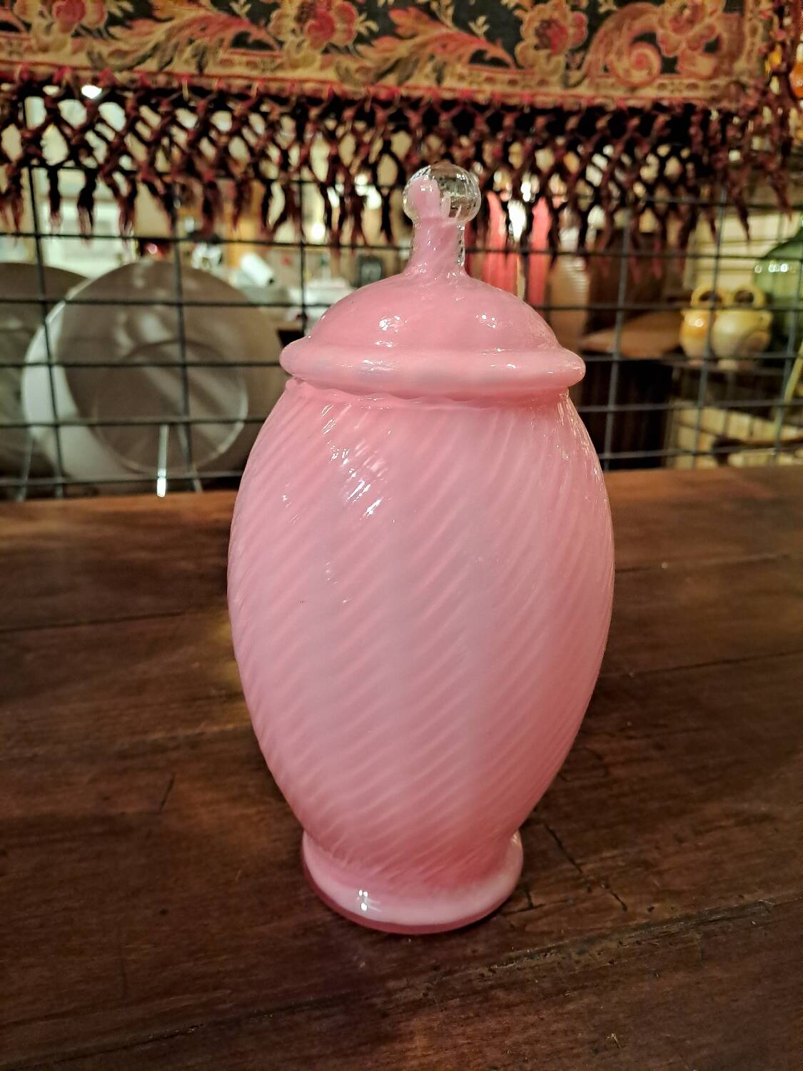 Opalescent pink glass cotton pot