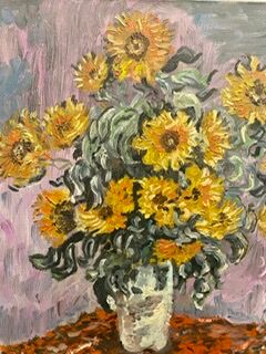 Painting, still life with sunflowers, oil on canvas 60/70