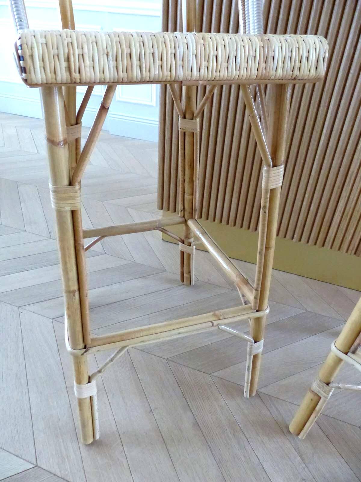 Lot of 3 Maison Louis Drucker light Manila rattan bistro high chairs.
