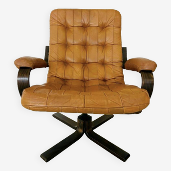 Vintage Danish Mid Century Tan Leather Swivel Chair 1970,S