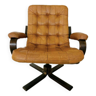 Vintage Danish Mid Century Tan Leather Swivel Chair 1970,S