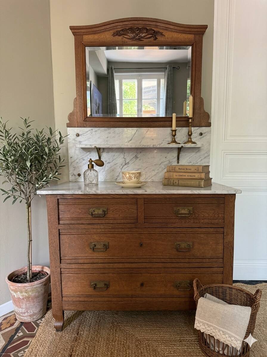 Commode de toilette ancienne, marbre blanc et miroir biseauté