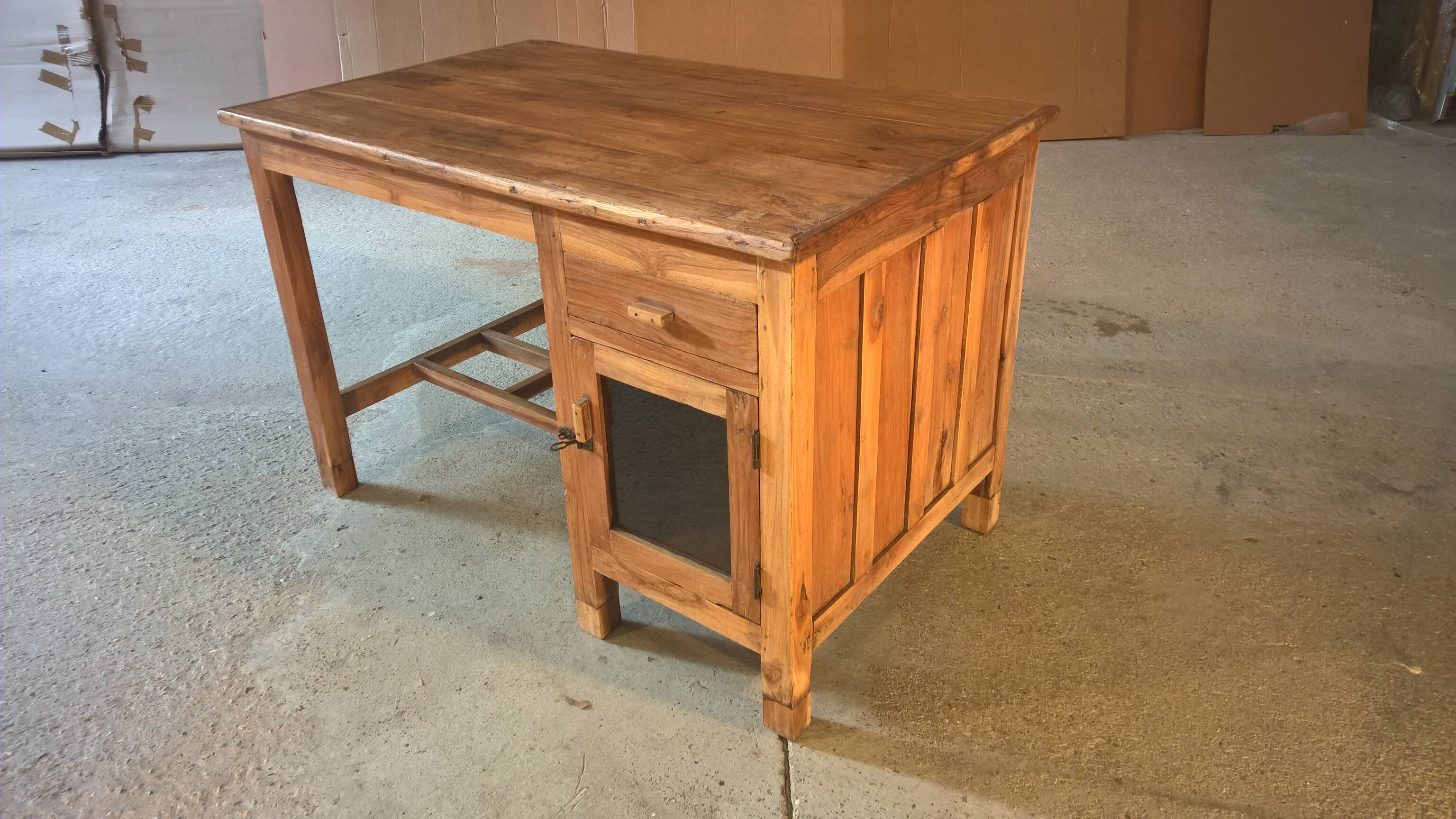Old Burmese teak desk with 1 cabinet, 1 glass door + 1 drawer.