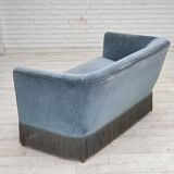 1970s, Danish 2-seater sofa, blue furniture velour, oak wood legs.