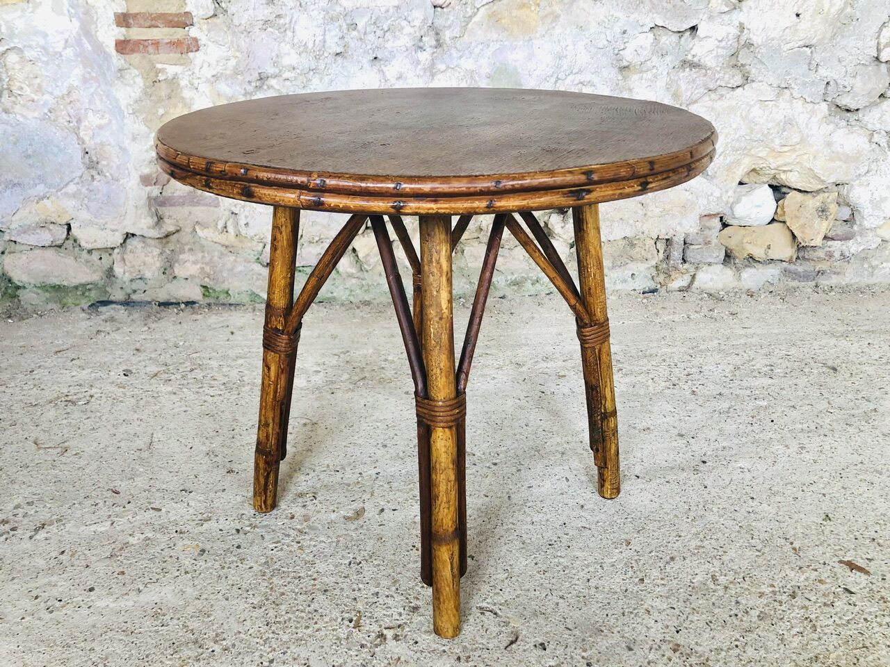 Round rattan bamboo side table, 60s