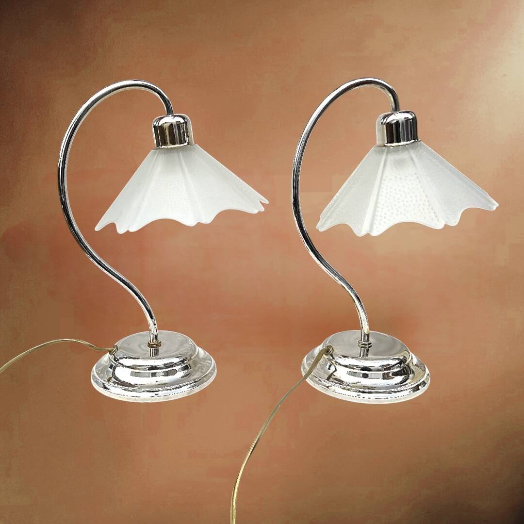 Pair of vintage lamps in chrome metal and frosted textured glass - Massive