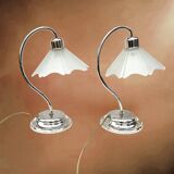 Pair of vintage lamps in chrome metal and frosted textured glass - Massive