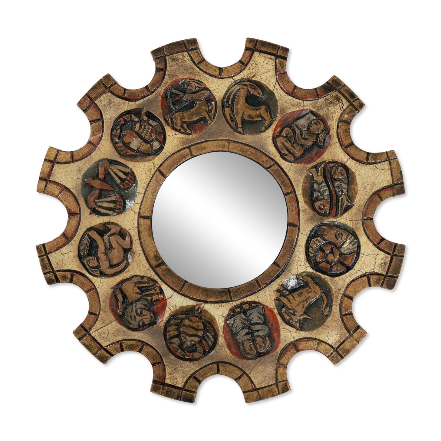 Spanish Zodiac Sunburst Mirror with Sculpted Red Giltwood Frame, Arnolfini, 1950s