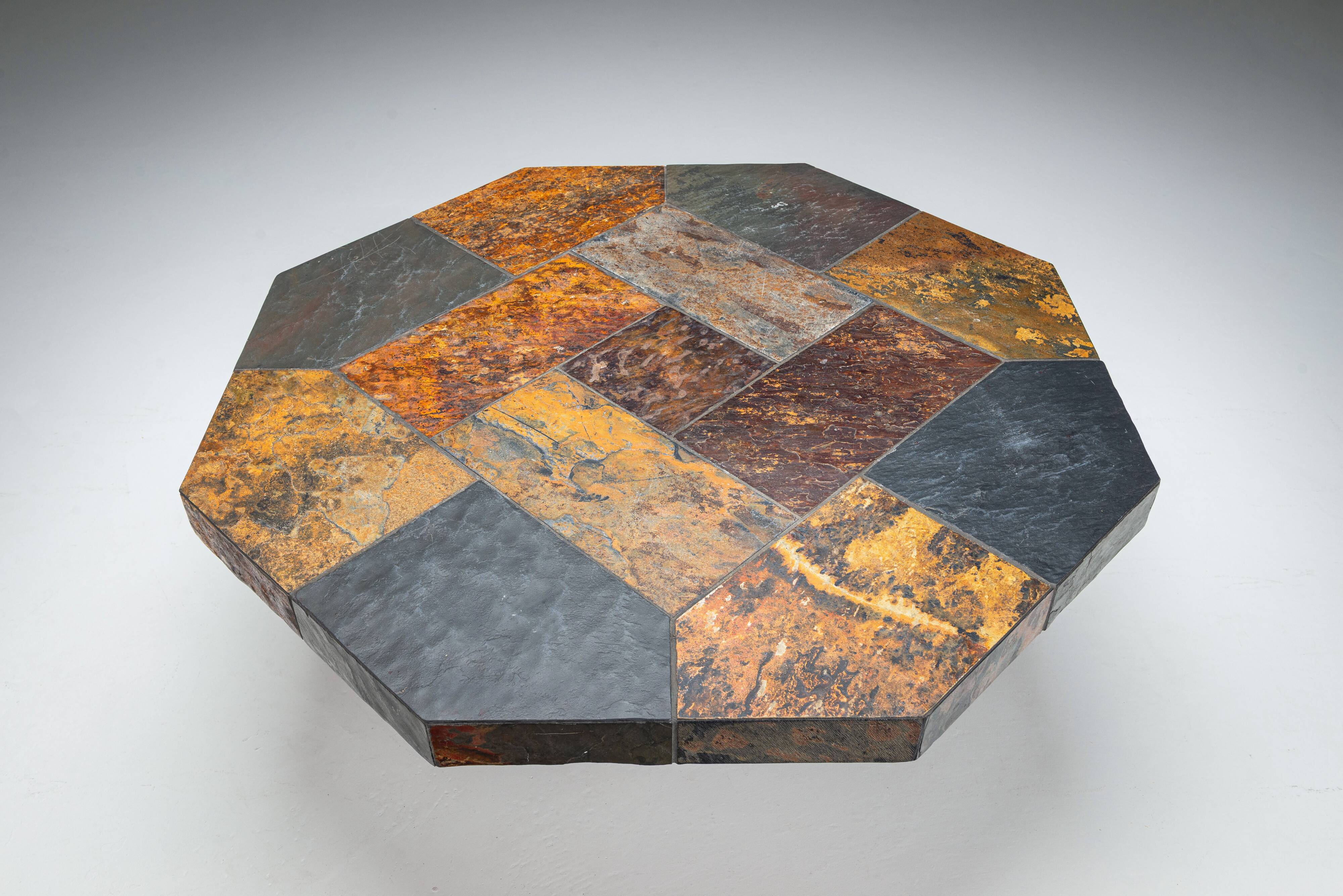 Large octagonal coffee table with multicoloured slate top