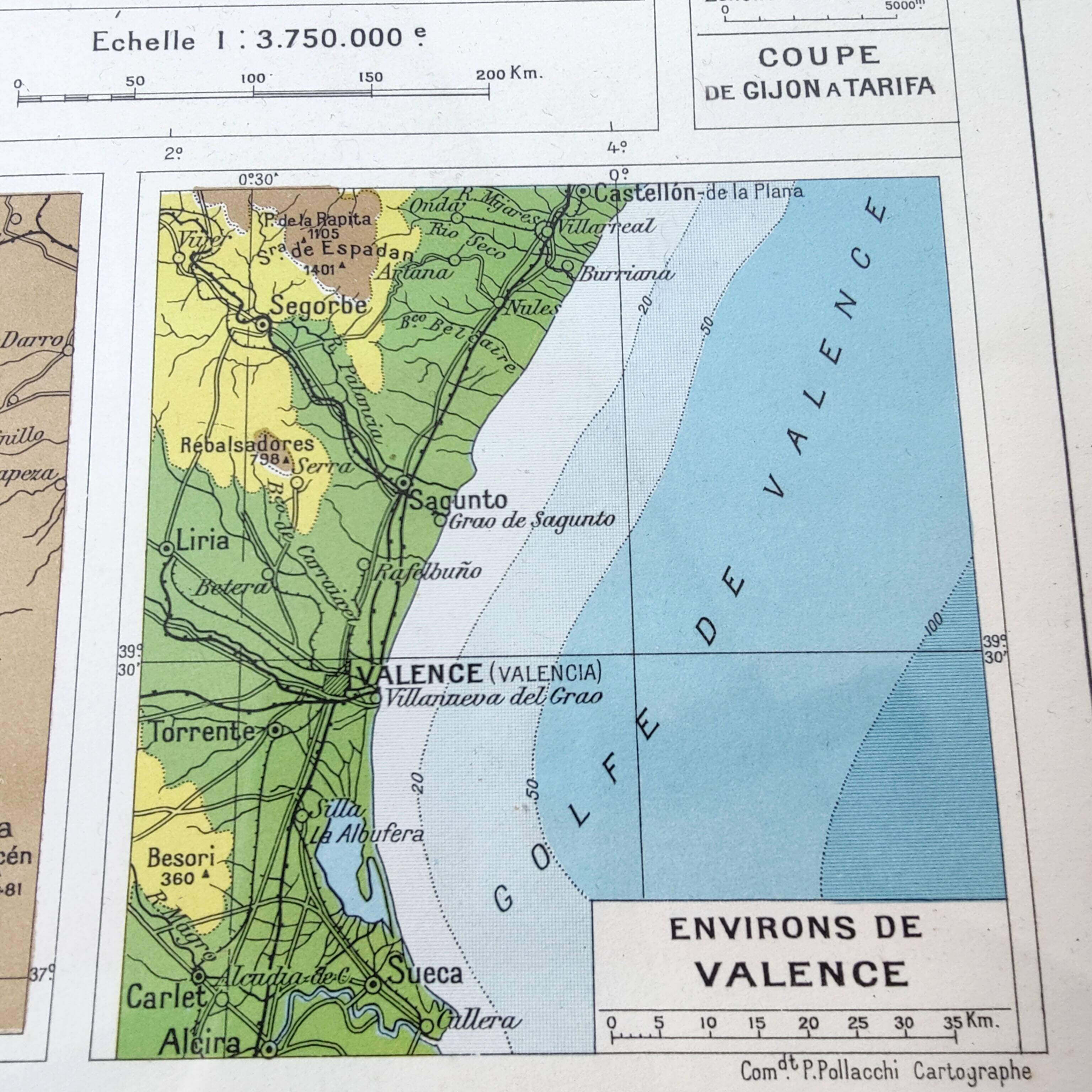 Spain and Portugal map in vintage colors 43x43cm from 1950