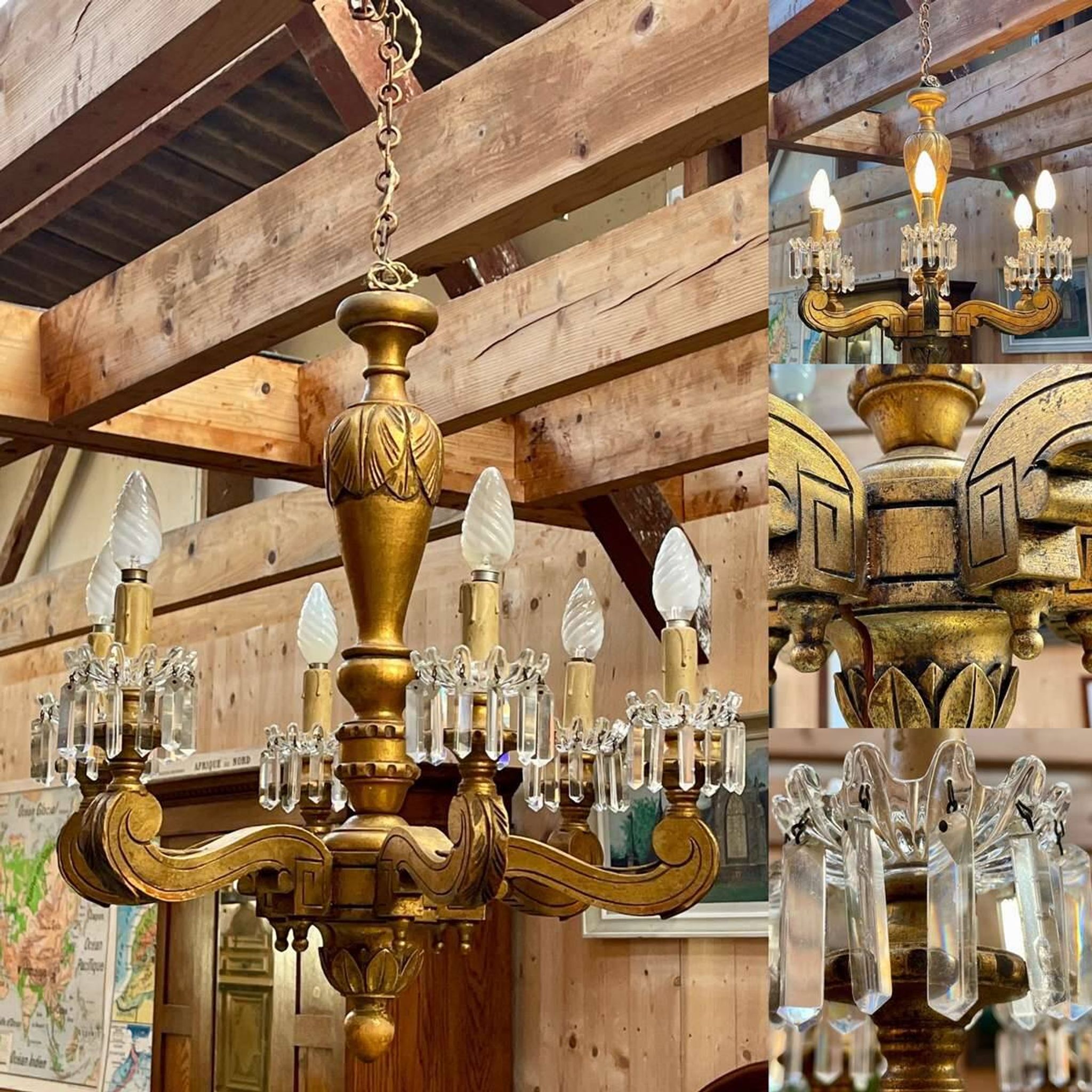 Golden wooden chandelier with crystal pendants from the 19th century.