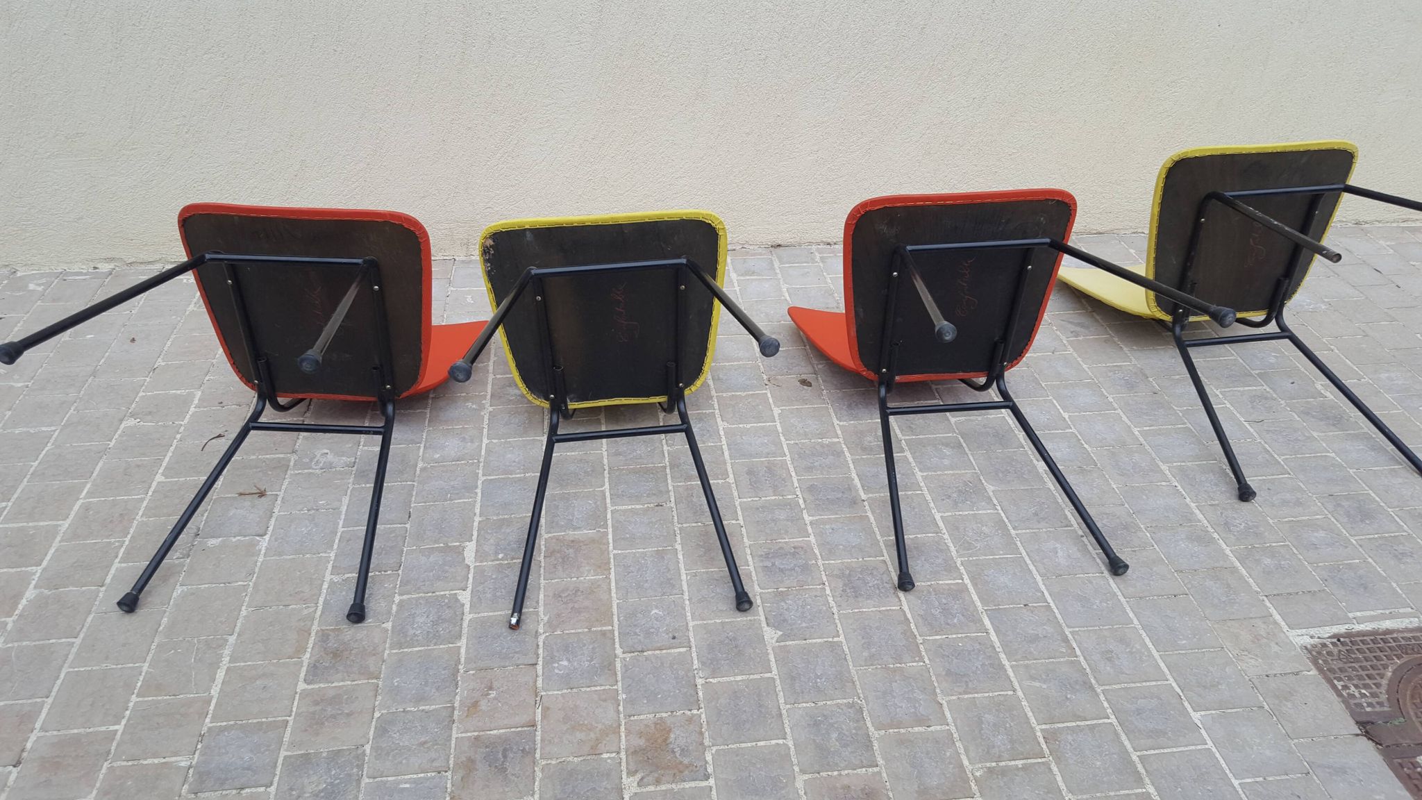 4 vintage metal tubular feet chairs, vinyl seating, skai