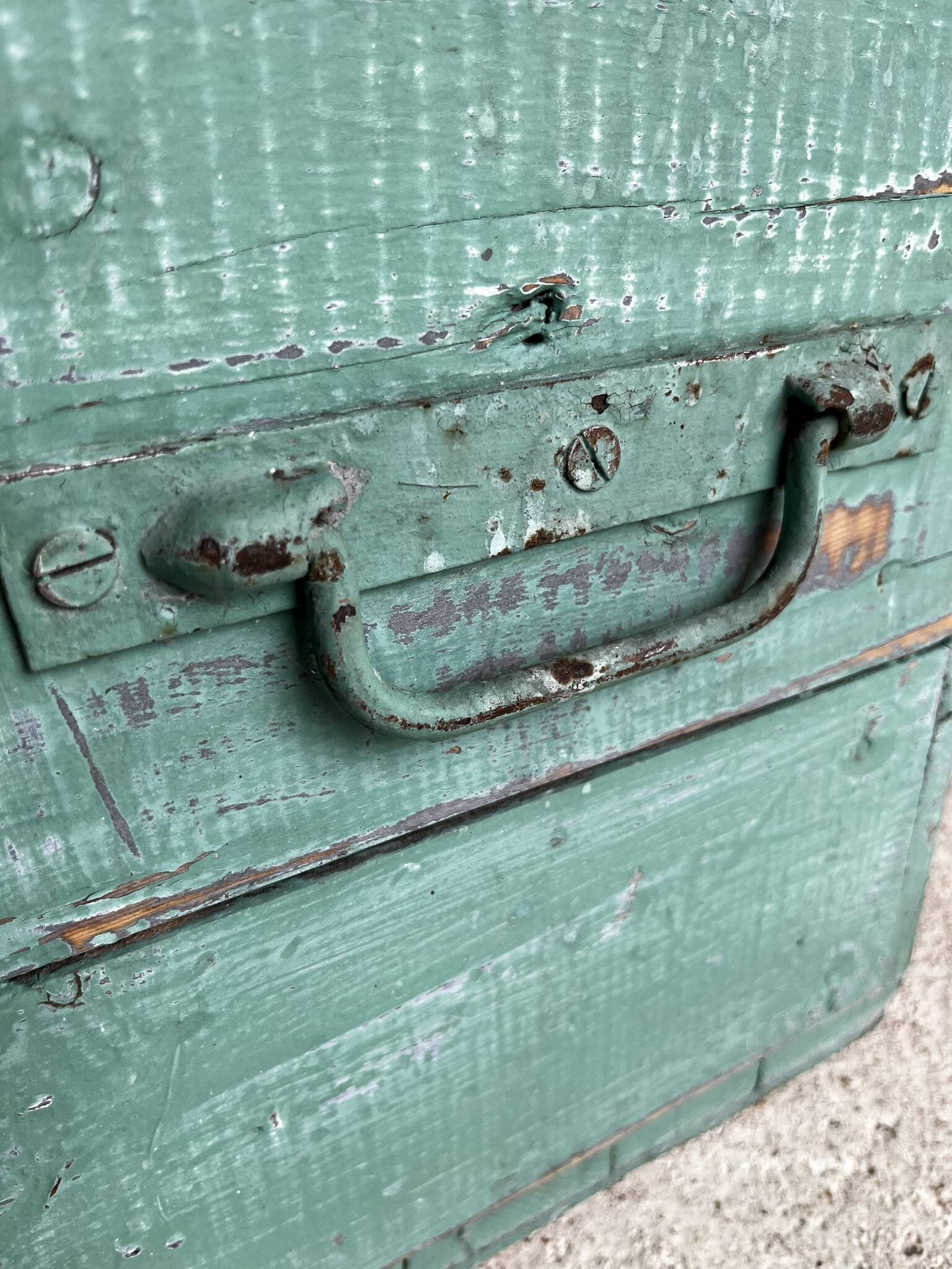 Patinated green wooden chest