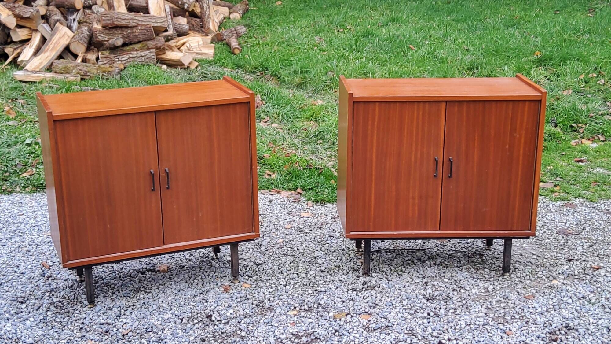 Pair of vintage mahogany sideboards with square metal legs from the 60s