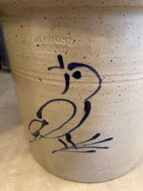 Cache pot en gres vernisse decor oiseau bleu au colbalt avec petites oreilles