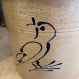 Varnished stoneware pot cover colbalt blue bird decor with small ears