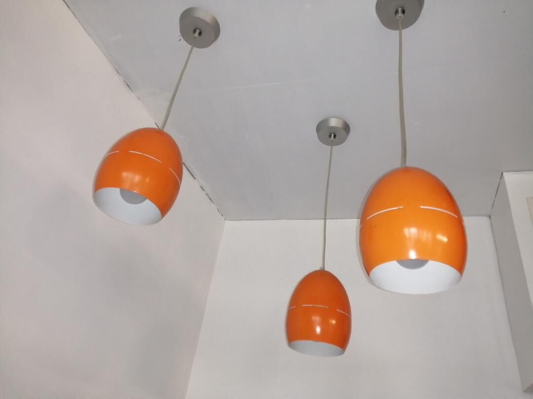 Suite of 3 vintage orange pendant lamps 70s