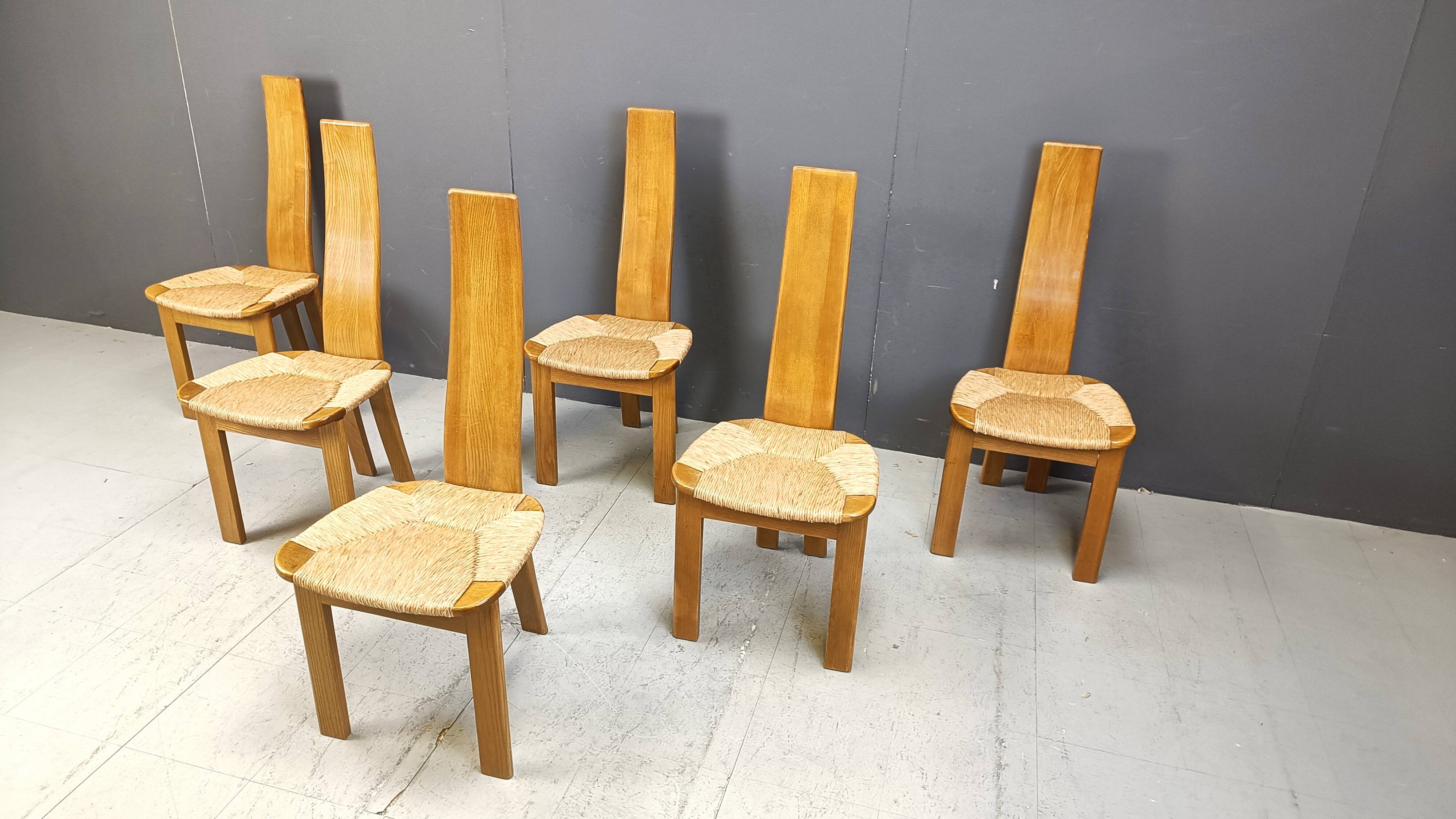 Vintage hich back wicker dining chairs, set of 6 - 1960s