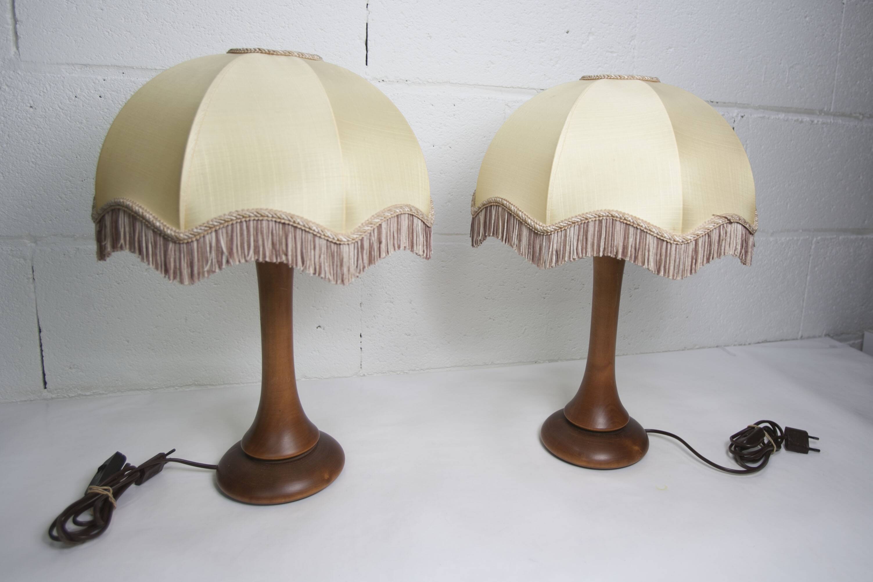 Pair of 1930s Art Deco bedside lamps with fringes, solid wood legs 52cm