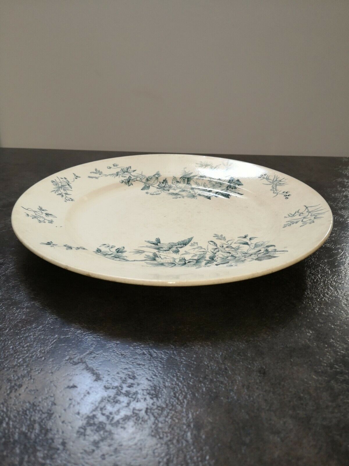 Assiette ronde/plat rond ancien faïence longwy mignon oiseaux terre de fer ø 31.5 cm