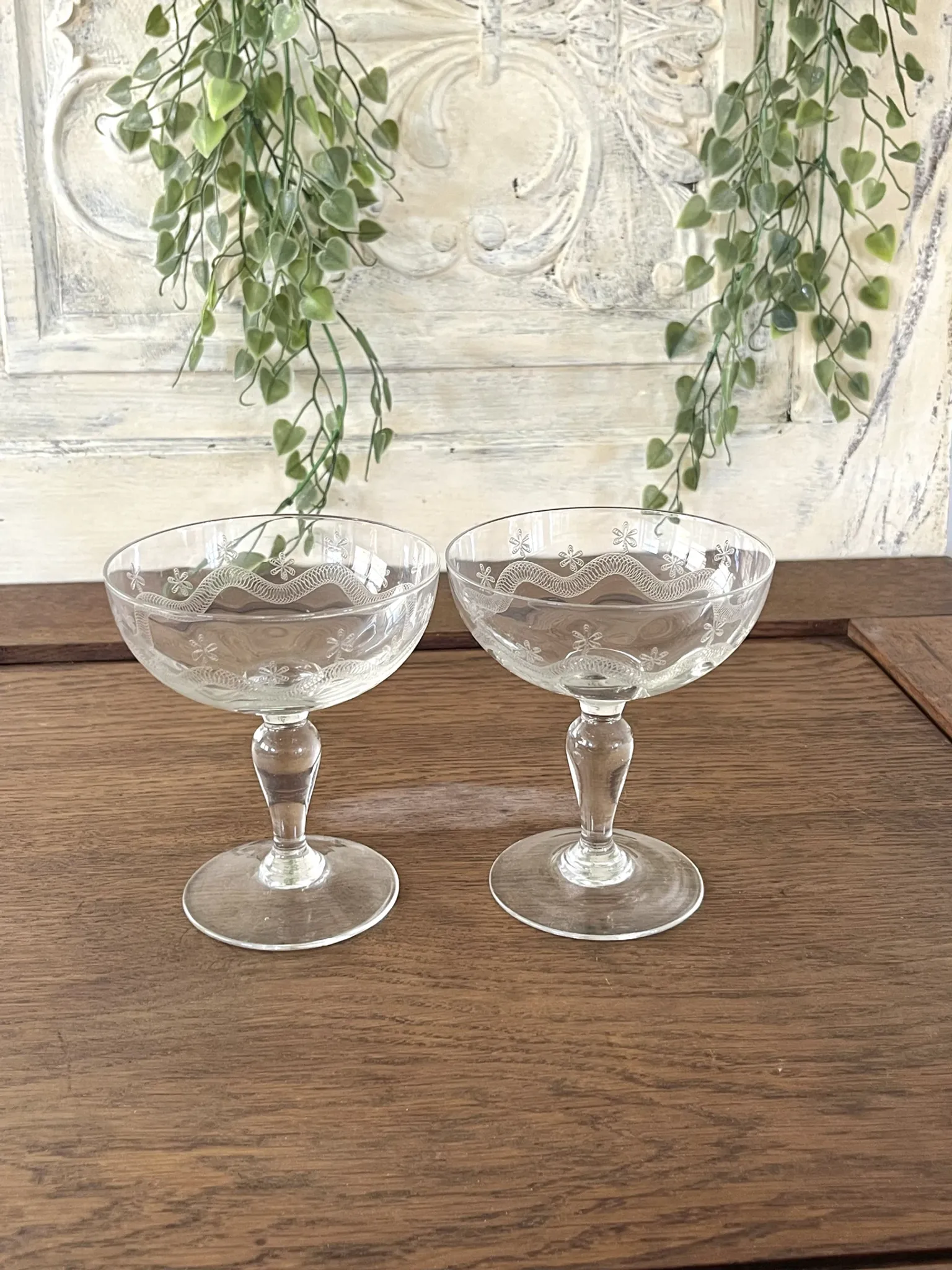 Champagne glasses coupe glasses set of 2 etched floral design crystal