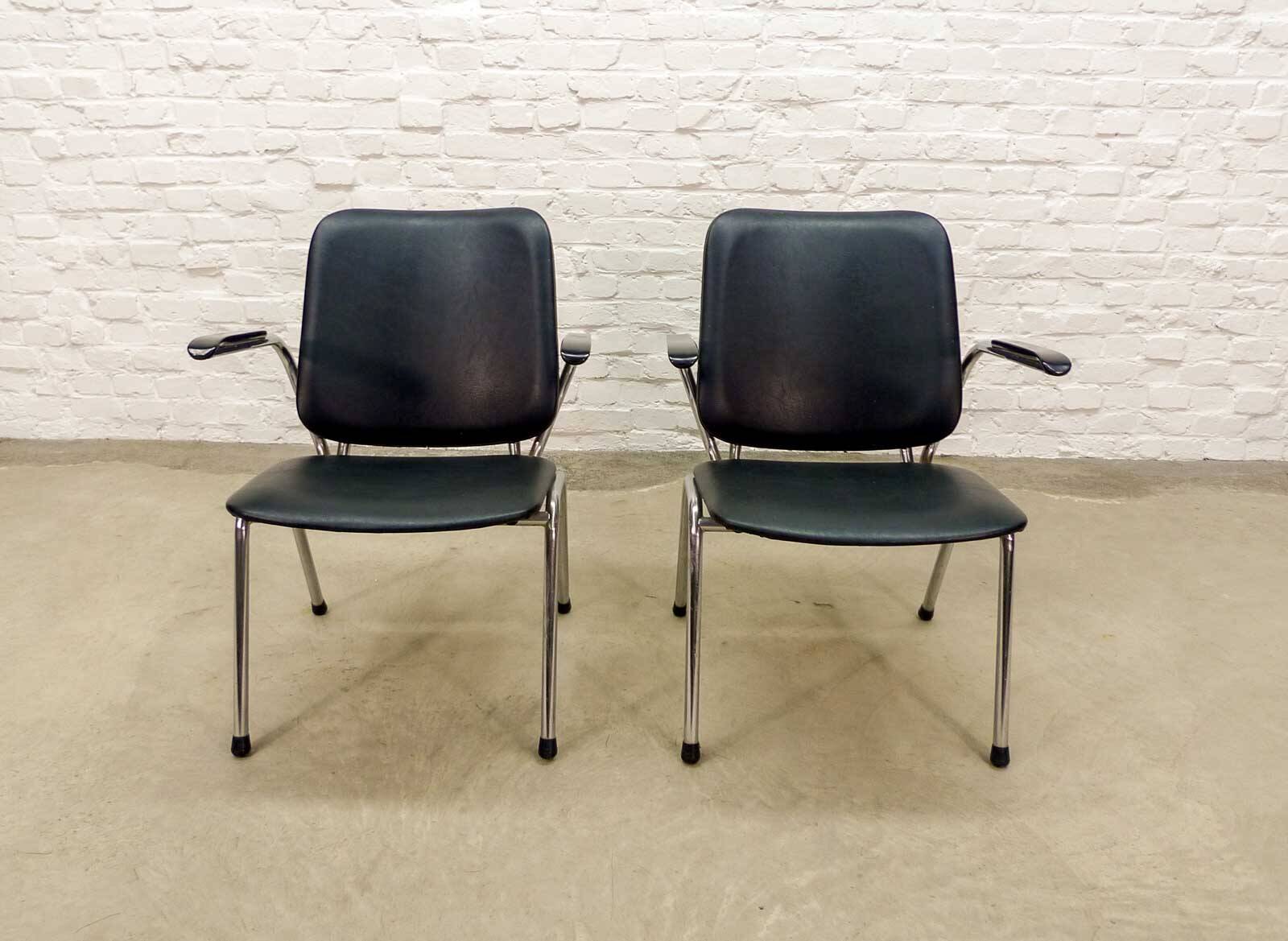 Black Leatherette Dutch Design Gispen Armchairs by Martin de Wit, 1960s.