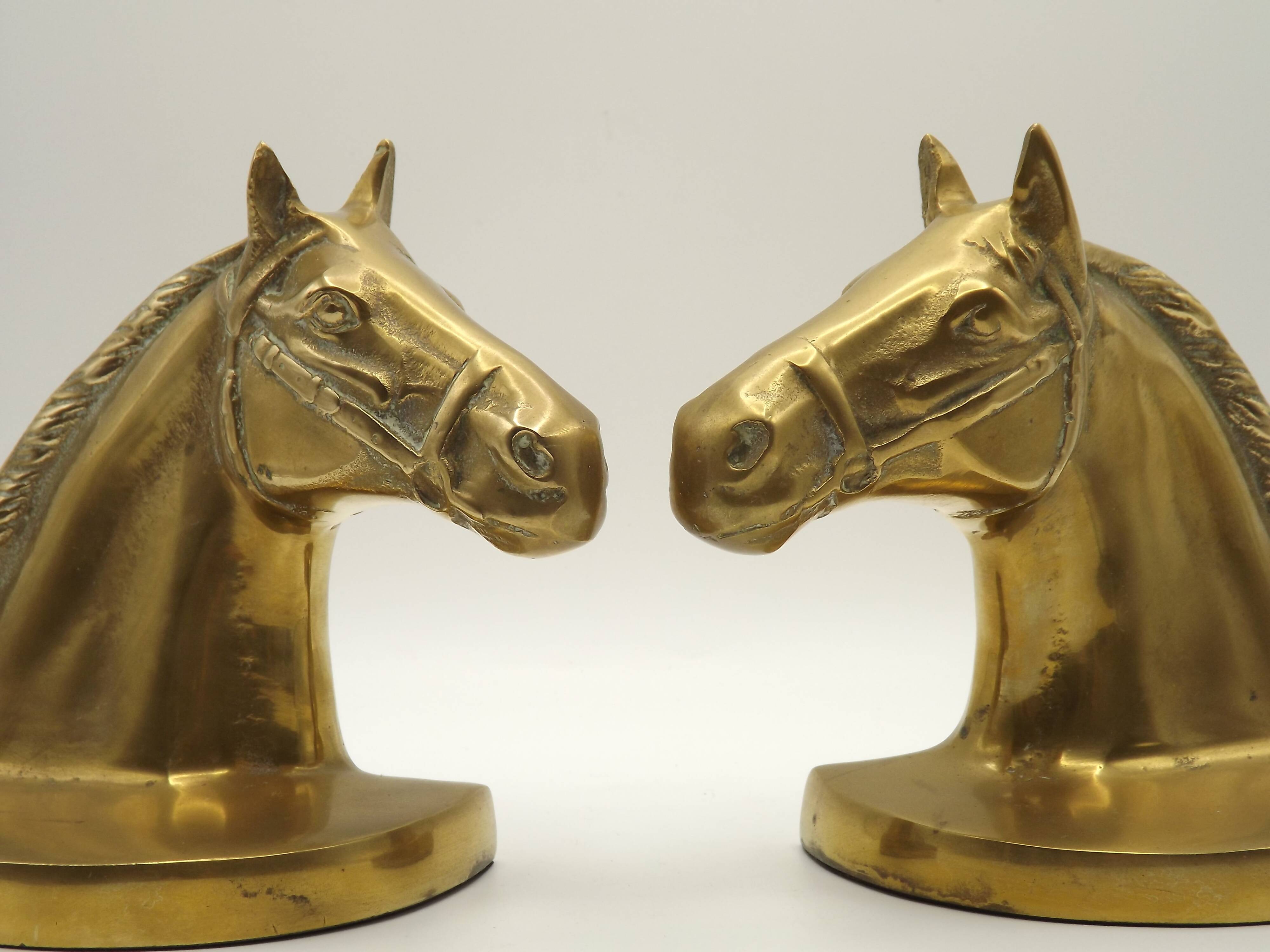 Vintage Brass Horse Head Bookends Pair – French Cast Brass Equestrian Decor
