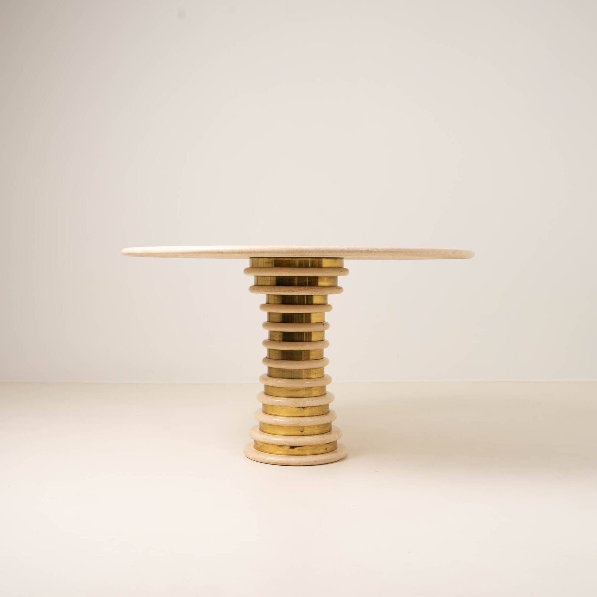 Italian Travertine and Brass Pedestal Dining Table Attributed to Marzio Cecchi for Studio Most, Italy,