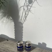 Silver-plated metal and blue glass salt and pepper shaker
