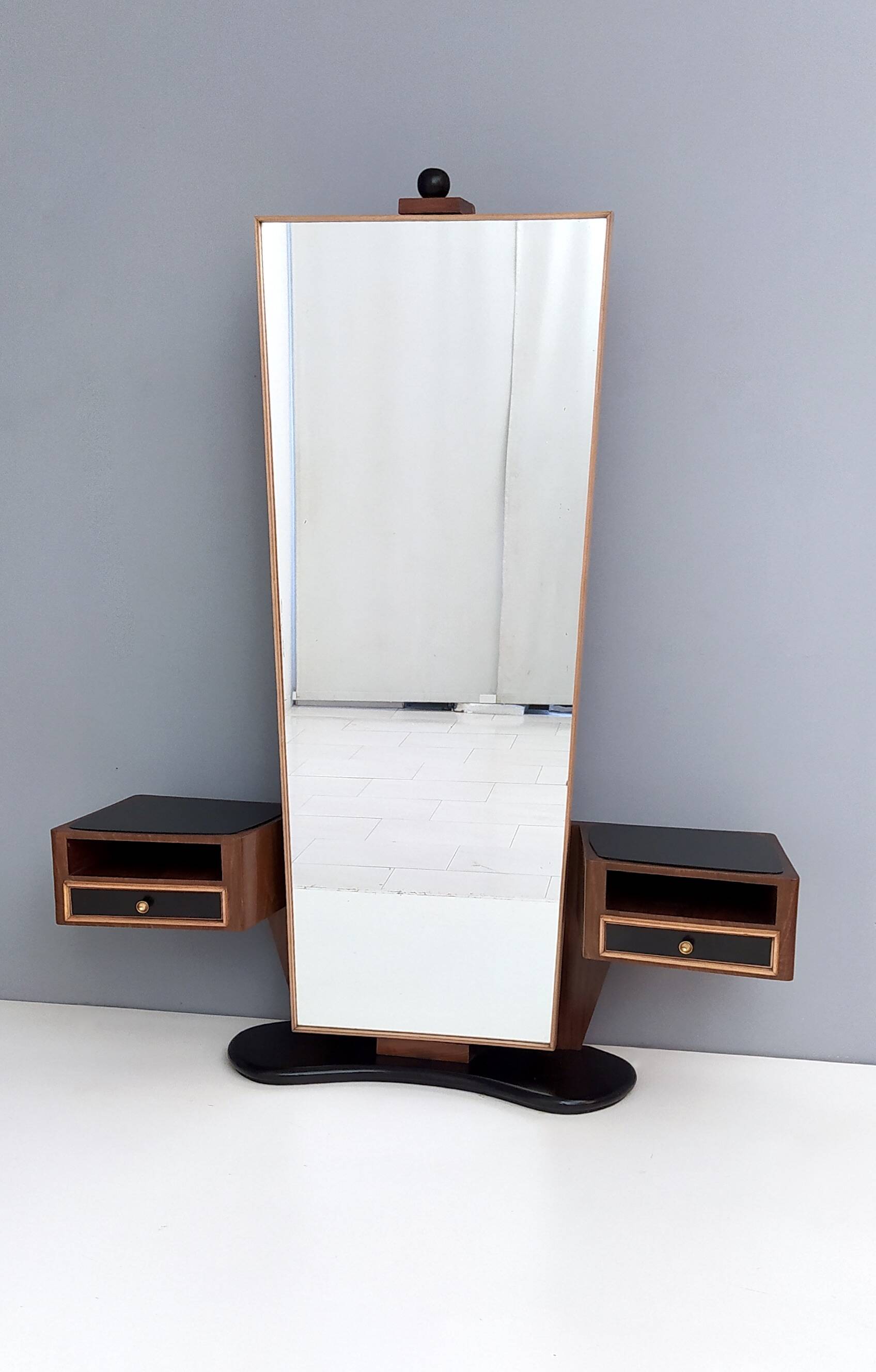 Wooden Entryway Mirror Organizer with Black Glass Tops, Italy