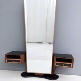 Wooden Entryway Mirror Organizer with Black Glass Tops, Italy