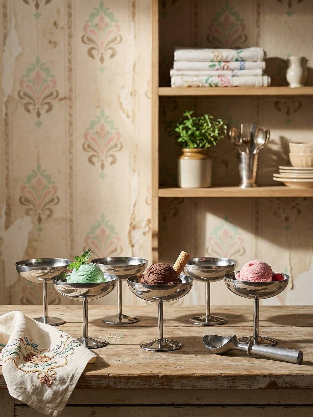 8 vintage dessert bowls on a pedestal in stainless steel in the style of Guy Degrenne.