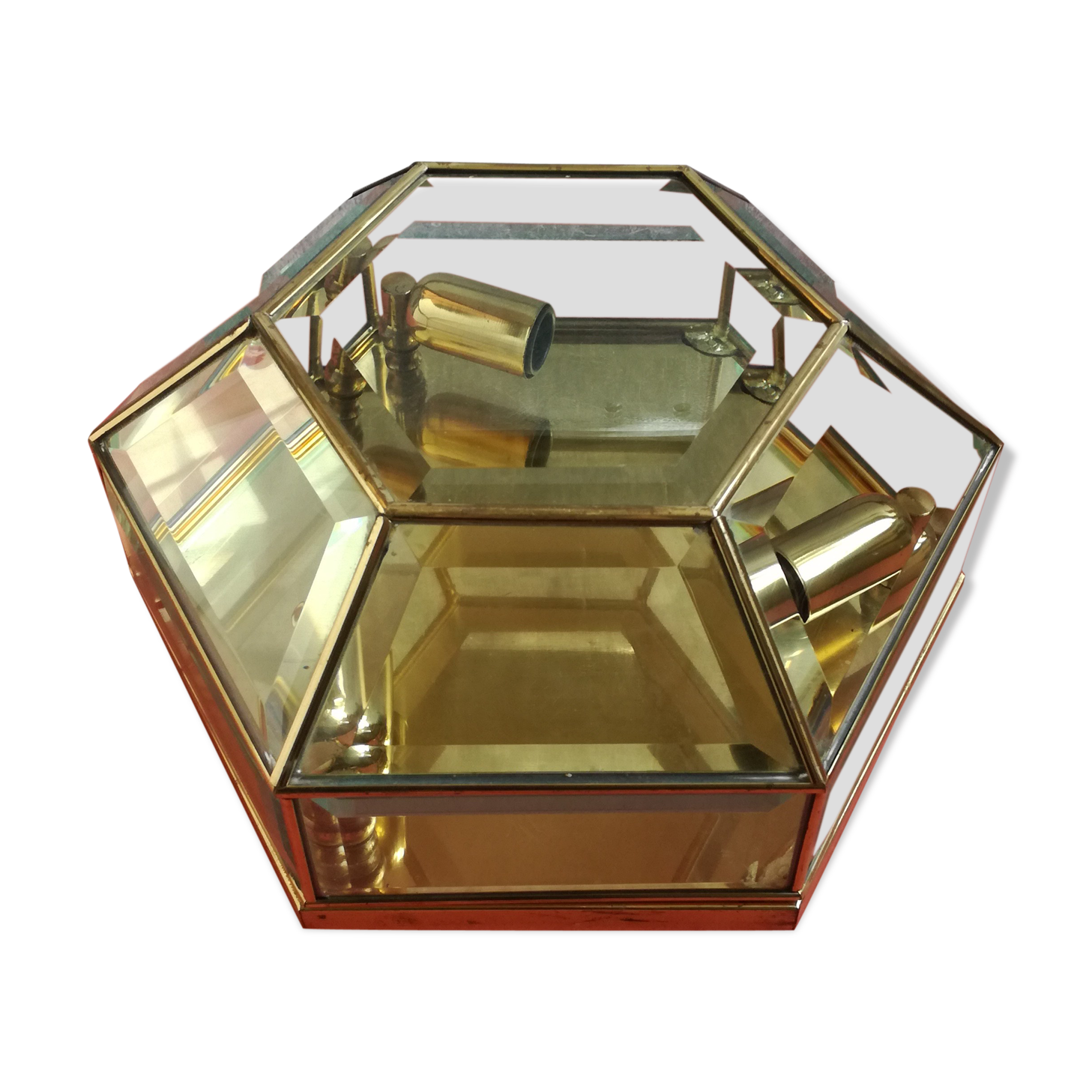 Hexagonal brass and bevelled glass ceiling light