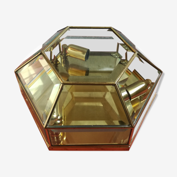 Plafonnier hexagonal en laiton et en verre biseauté - Ø31