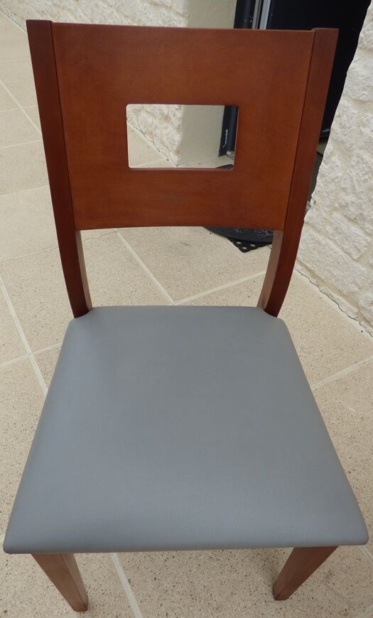 Set of 6 cherry wood style chairs with gray imitation leather seat