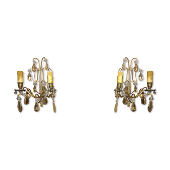 Paire d'appliques anciennes modèle "Lyre" bronze et cristal