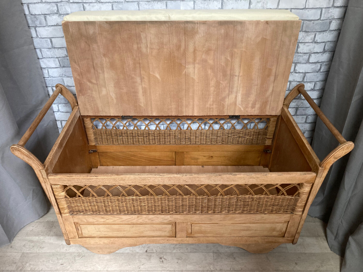 Wooden and rattan chest bench