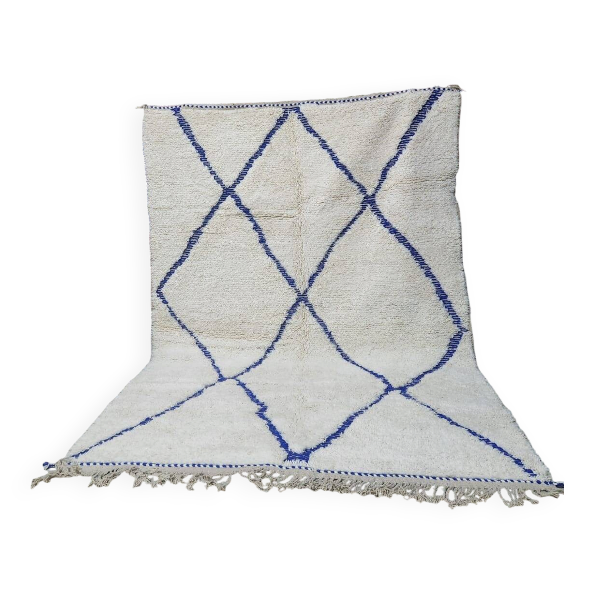 Large Beni Ouarain rug 300x200 cm in cream and blue – Moroccan Berber rug