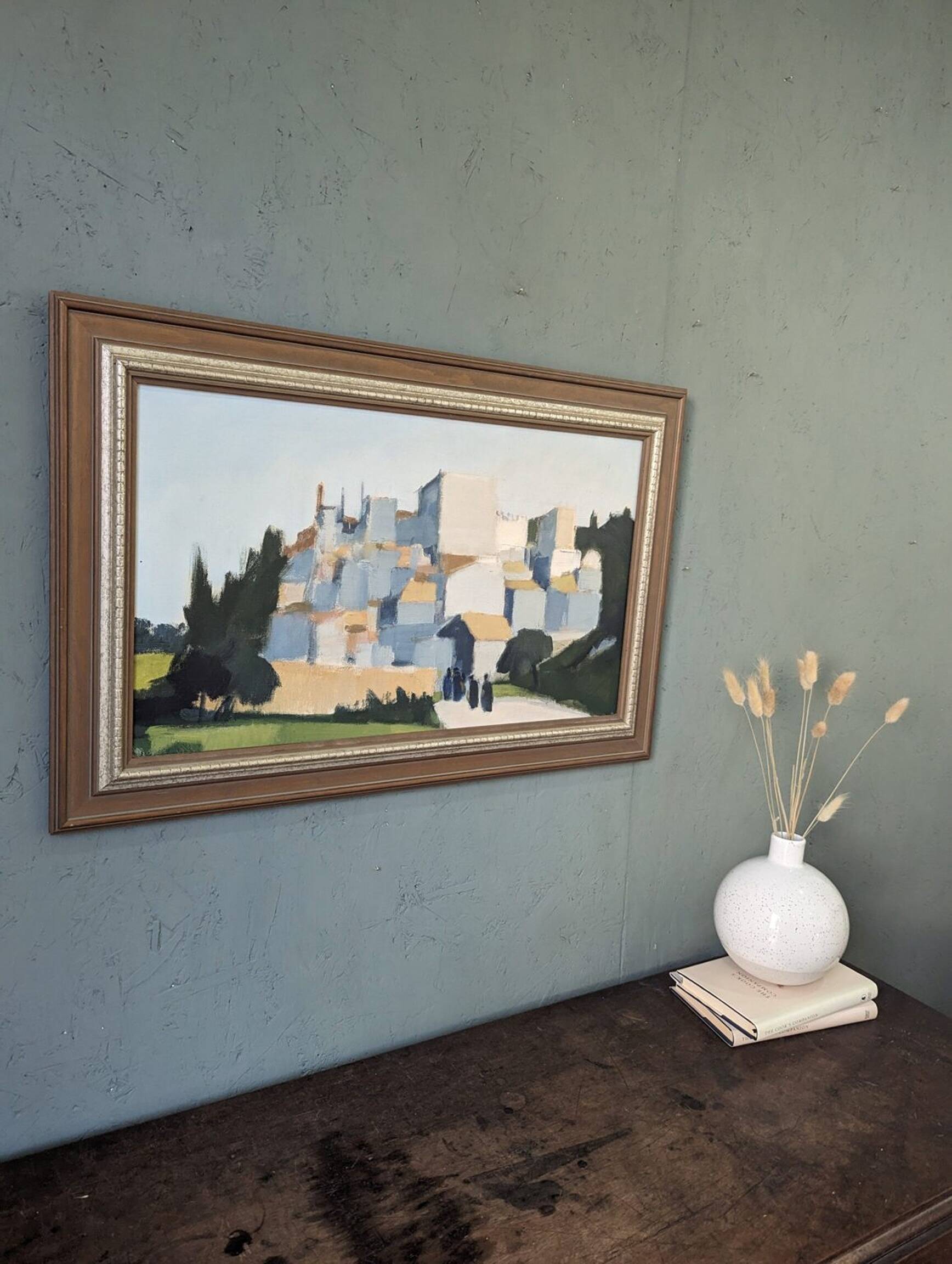 Mid-Century Modern "City Stroll" Vintage Swedish Cityscape Street Scene Oil Painting, Framed